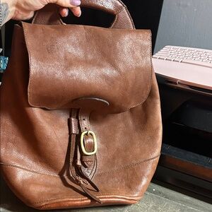 Brown Handcrafted Leather Backpack with Buckle & Single Adjustable Strap